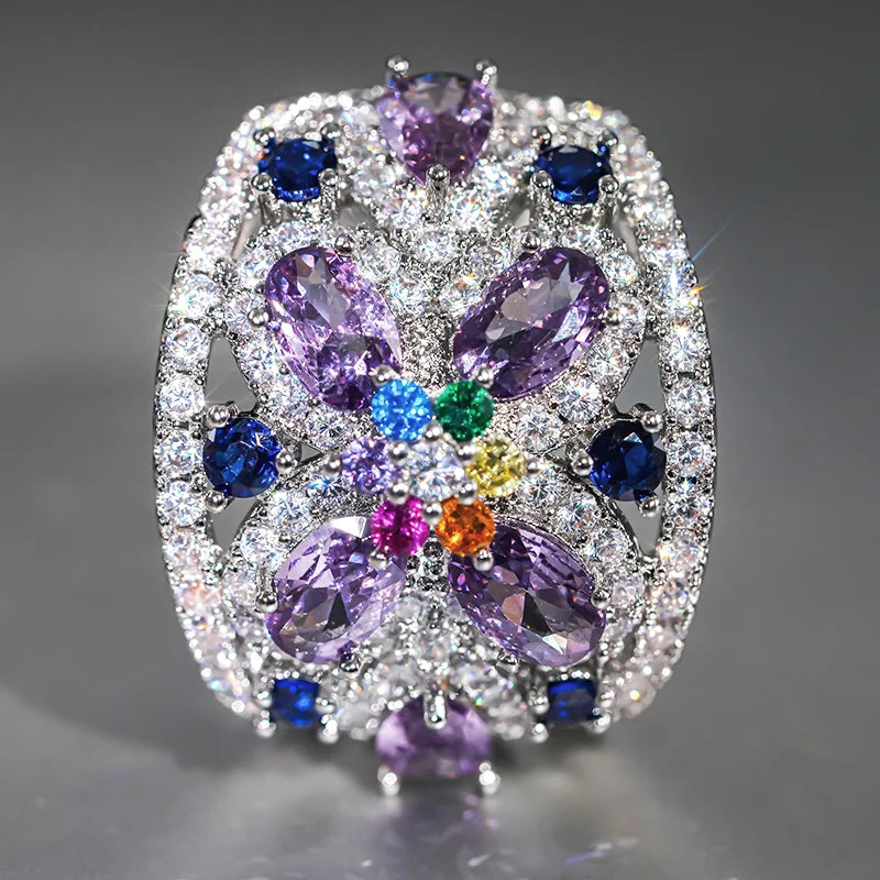 Huitan Colorful Cubic Zirconia Finger Ring Female Luxury Anniversary Accessories Exquisite Engagement-losil