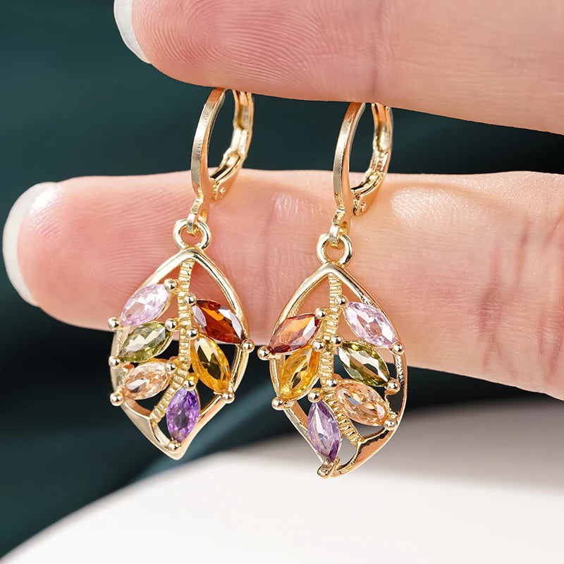 Huitan Brilliant Leaves Drop Earrings with Colorful CZ Graceful Charming Ear Accessories-losil