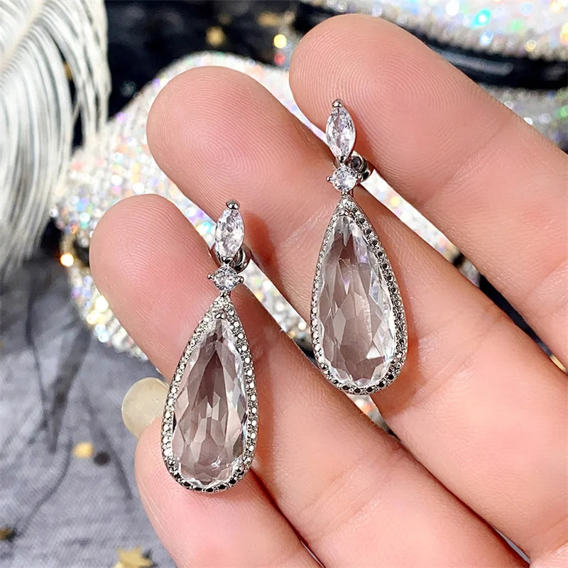 Huitan Big Teardrop Purple CZ Stone Drop Earrings High Quality Silver Color-losil