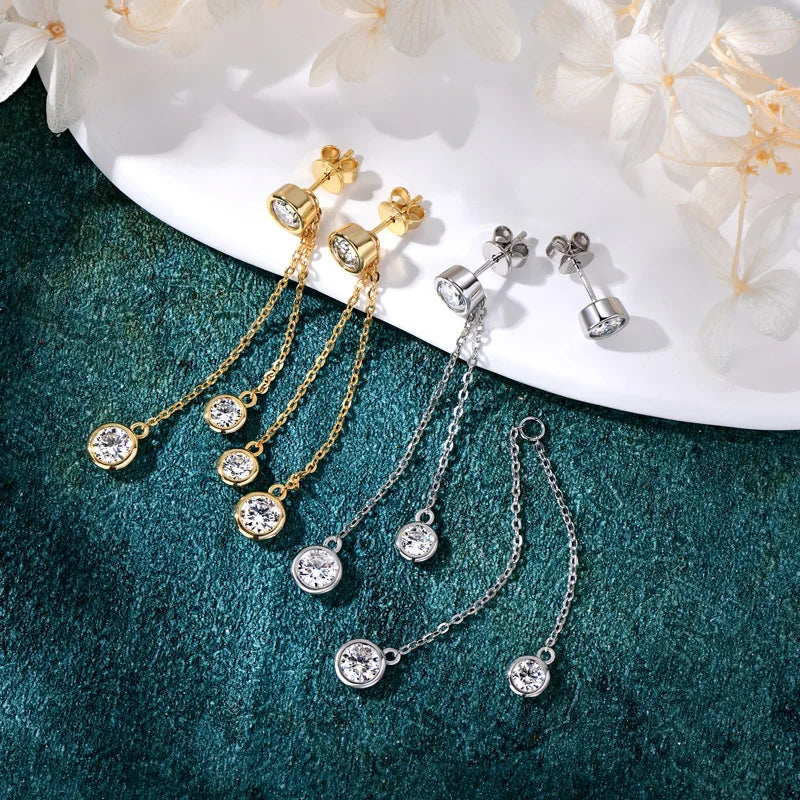 Anziw All Moissanite Drop Earrings Detachable Double Chain Hanging Stud Earring Silver-losil