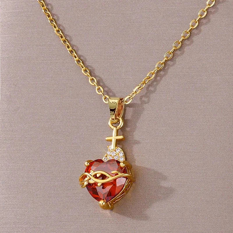 Huitan Orange Red/Green/Blue Heart Cubic Zirconia Pendant Necklace for Women Luxury Trendy-losil