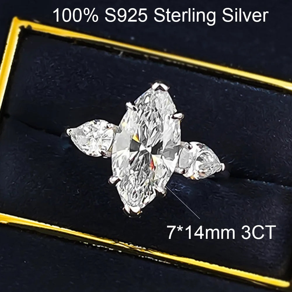 OEVAS 3CT 7*14mm Marquise Cut Zircon Ring For Women 100% S925 Silver-losil