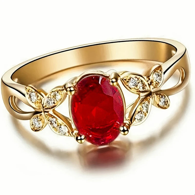 Huitan Bright Red Cubic Zirconia Butterfly Rings for Women Gold Color Luxury-losil