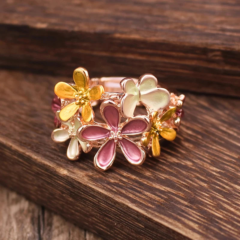 Huitan Colorful Flower Butterfly Enamel Finger Ring for Women Rose Gold Color-losil