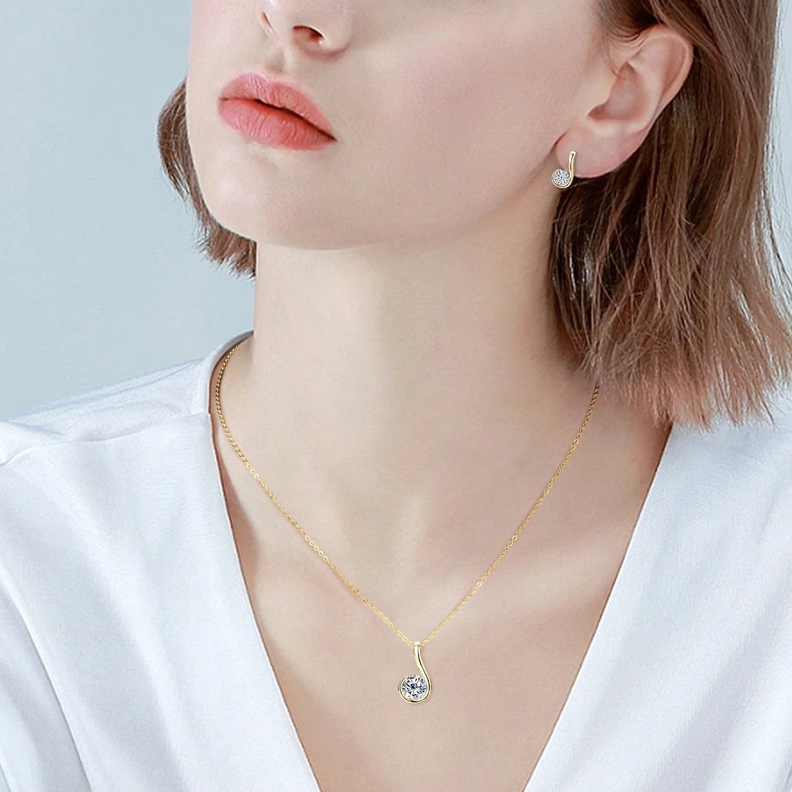 18K Gold Plated 925 Silver Teardrop Pendant Necklace Comma Stud Earrings Certified-losil