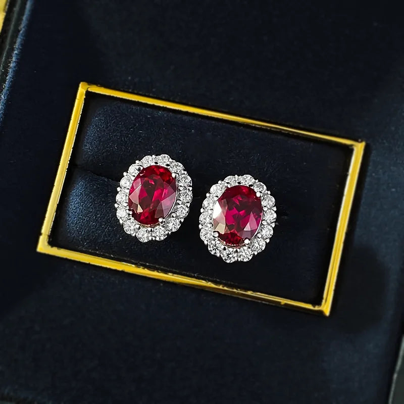 OEVAS Classic Oval 6*8mm Red/Blue Zircon Stud Earrings For Women 100% 925-losil