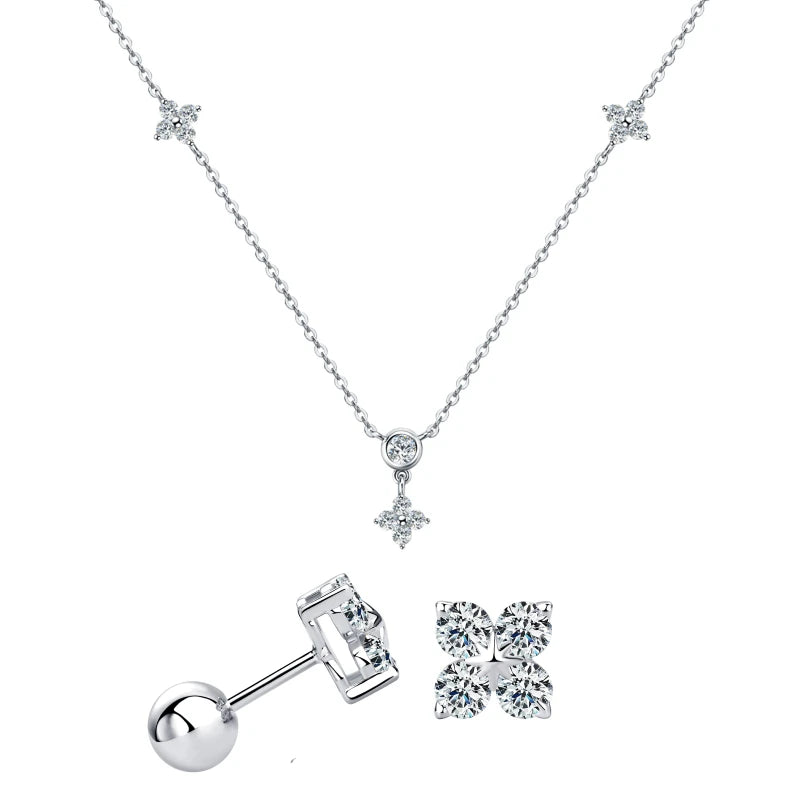 925 Silver Clover Flower Jewelry Sets for Women Moissanite Pendant Necklace Earrings-losil