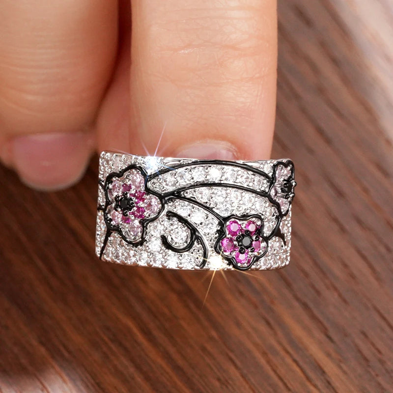 Huitan Shinning Flower Design Finger Ring Female Luxury Lady Aesthetic Fashion Jewelry-losil