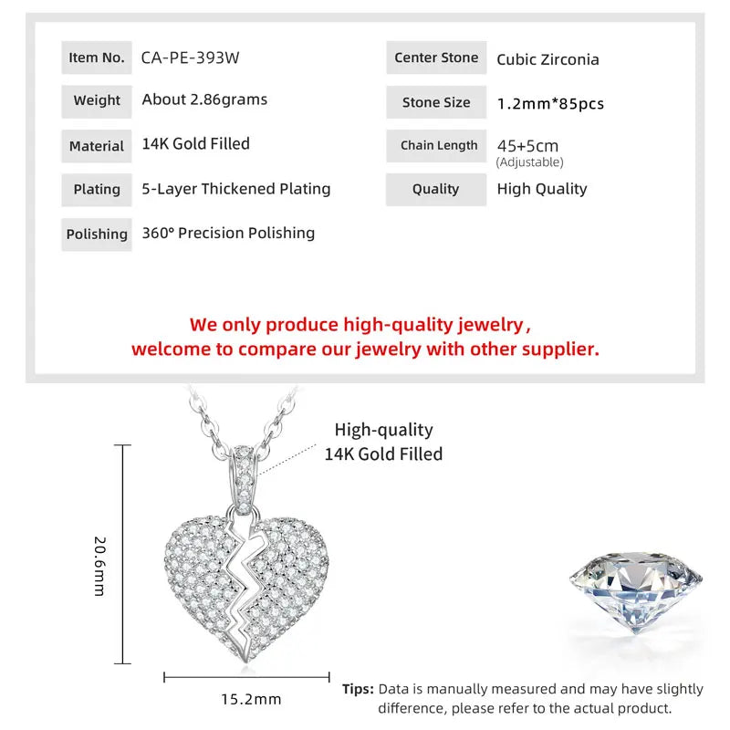 Anziw Cubic Zirconia Broken Heart Pendant Necklace Cracked Heart Iced Out Pendant-losil