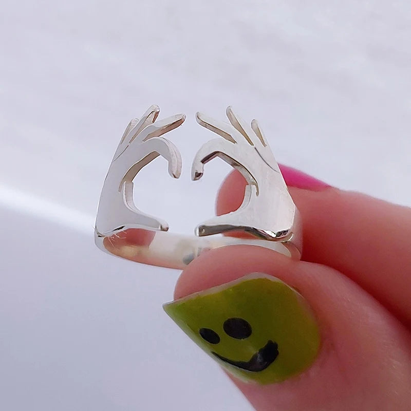 Huitan Double Hand Heart Love Couple Rings Fashionable Adjustable Opening Rings for-losil