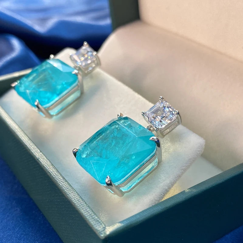 OEVAS Solid 925 Sterling Silver Fashion Paraiba Tourmaline Gemstone Drop Earrings Sparkling-losil