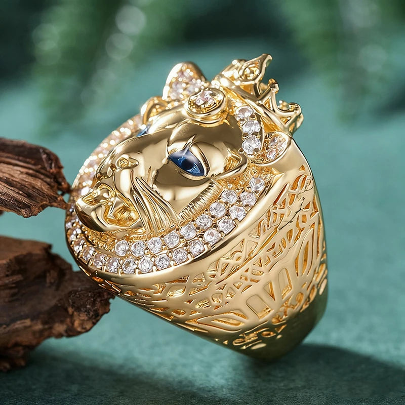 Huitan Luxury Lion King Crown Ring for Women Chic Brilliant Gorgeous Stylish-losil