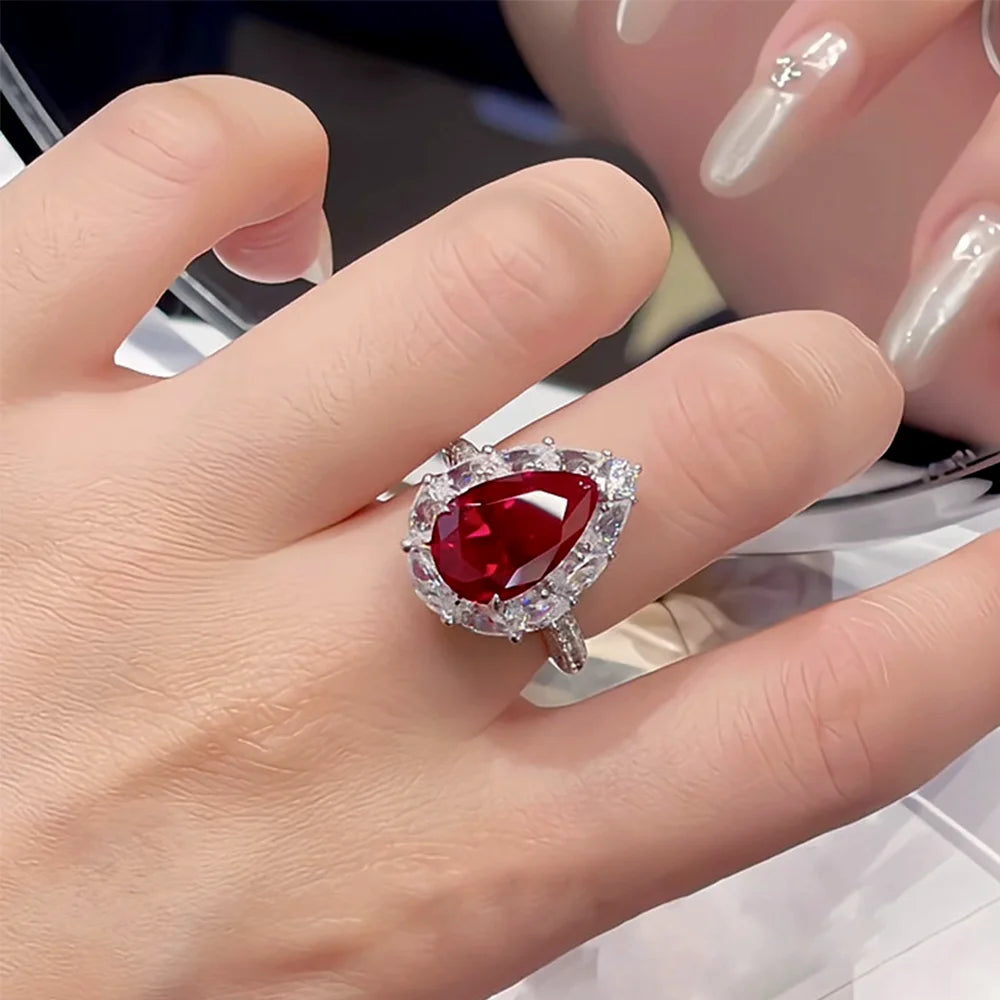 OEVAS 100% S925 Silver 4CT 8*12mm Pear Cut Full Zircon Ring For-losil