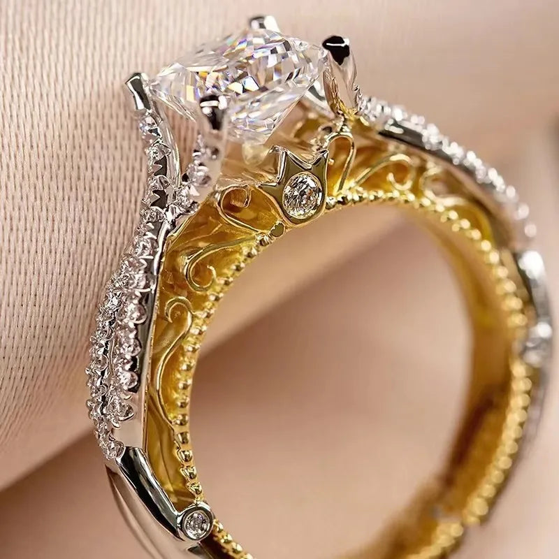 Huitan Exquisite Luxury Princess Square Cubic Zirconia Rings for Women Elegant Two-tone-losil