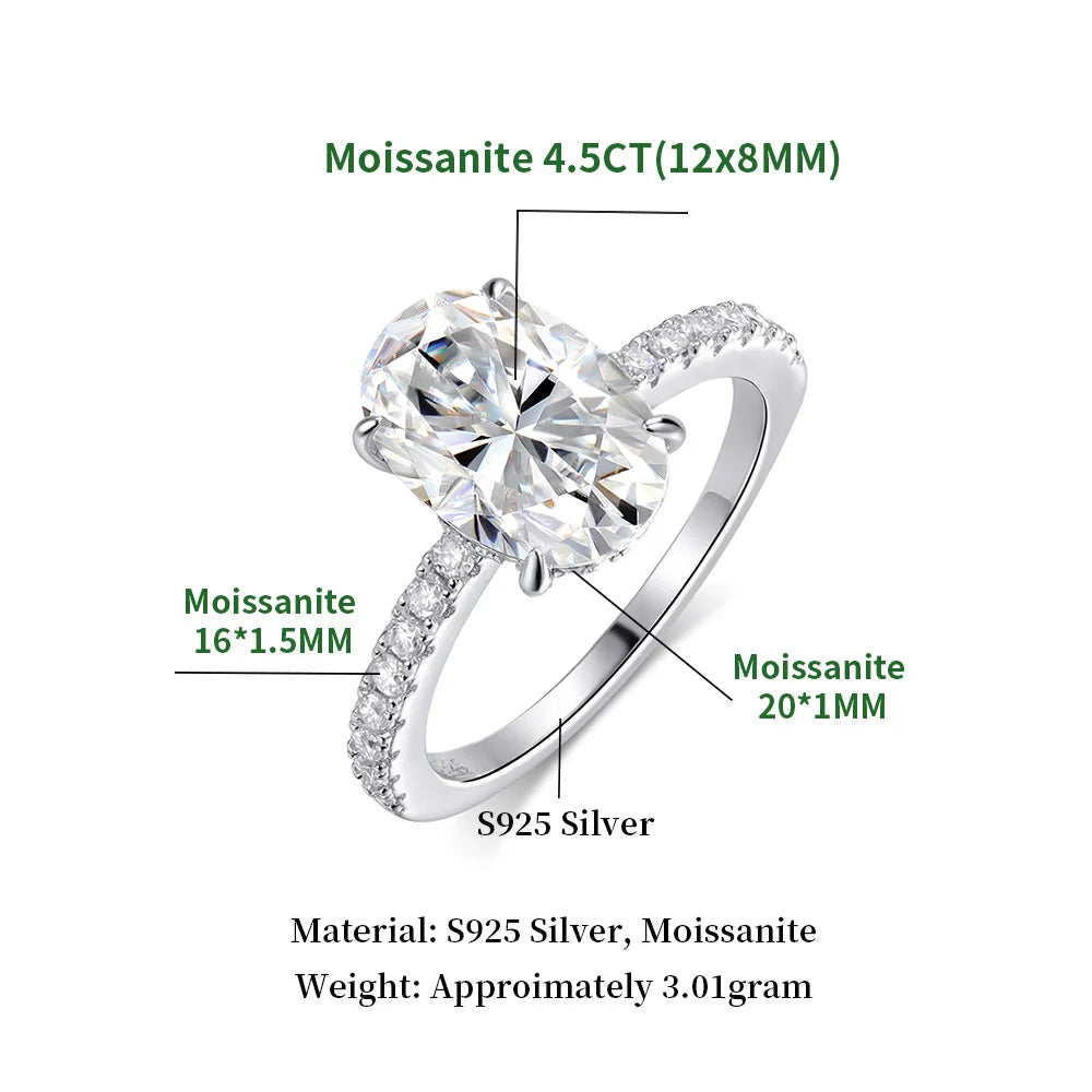 OEVAS 8*12mm 4.5CT Oval Real Moissanite Wedding Rings For Women 100% 925-losil