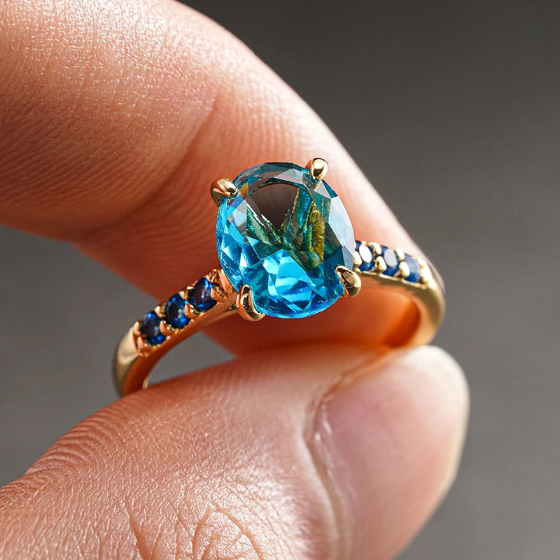 Huitan Bright Oval Sky Blue Cubic Zirconia Rings for Women Gold Color-losil