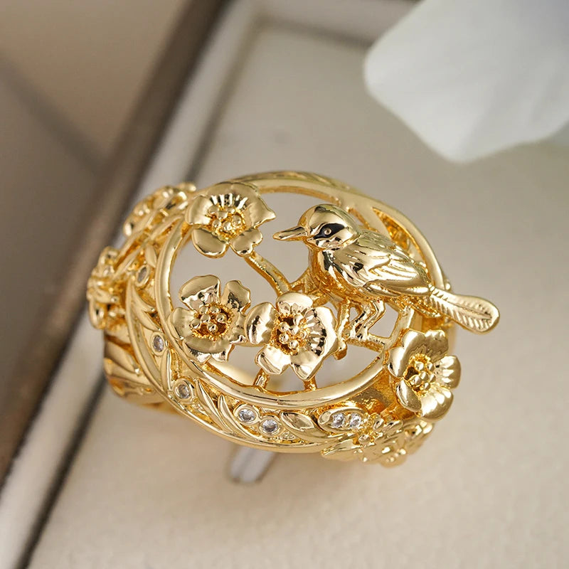 Huitan Hollow Flower Bird Design Gold Color Rings for Women Fancy Wedding-losil