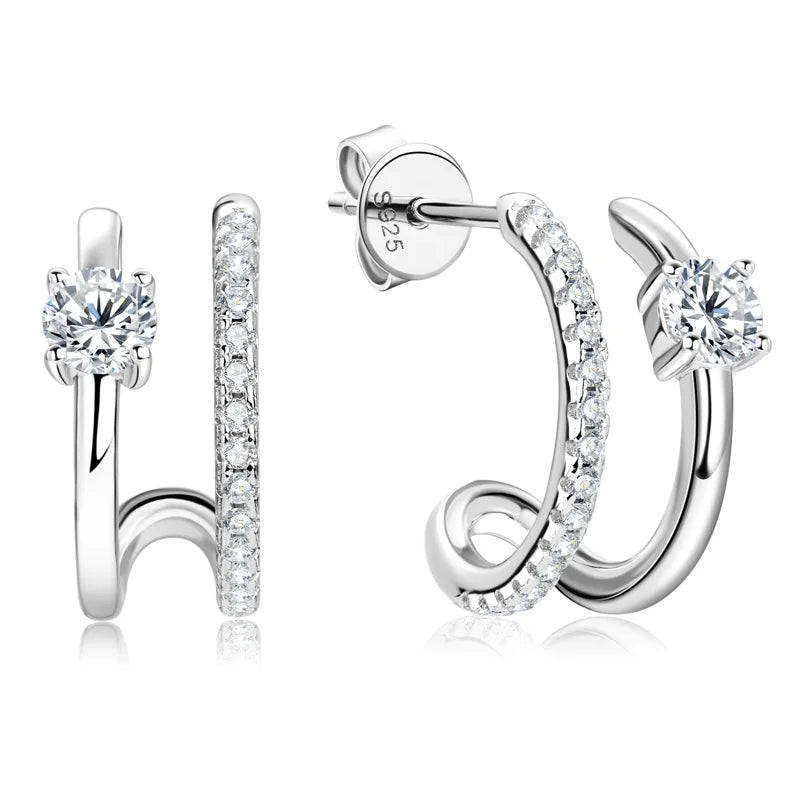 Anziw NEW 4mm Moissanite Piercing Stud Ear Cuffs 925 Sterling Silver Double-losil