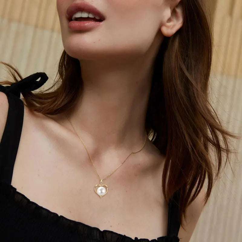 Anziw 925 Sterling Silver 11-12mm Natural Freshwater Pearl Heart Pendant Necklace for-losil