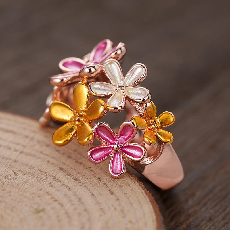 Huitan Colorful Flower Butterfly Enamel Finger Ring for Women Rose Gold Color-losil
