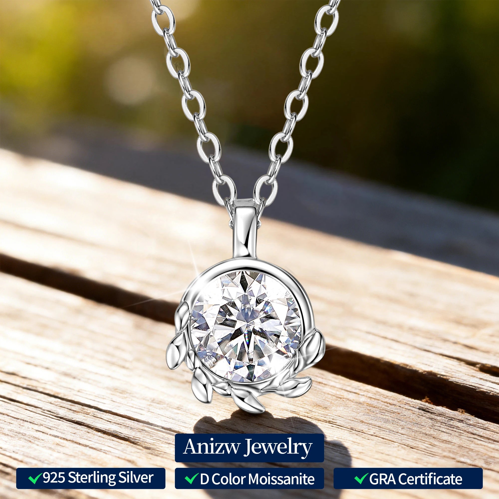 Anziw 6.5mm 1ct D Moissanite Olive Leaf Pendant Necklace for Women Real-losil