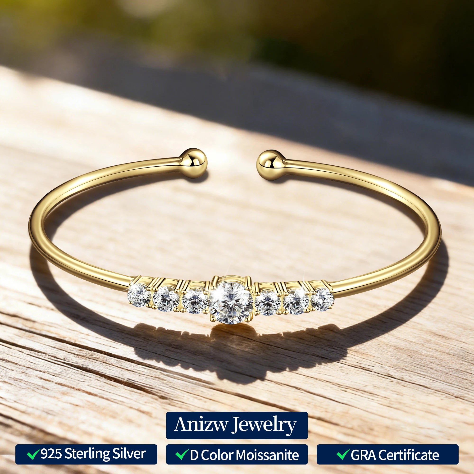 Anizw 1.0ct 6.5mm Round D Moissanite Bracelet Cuff for Women 925 Silver-losil