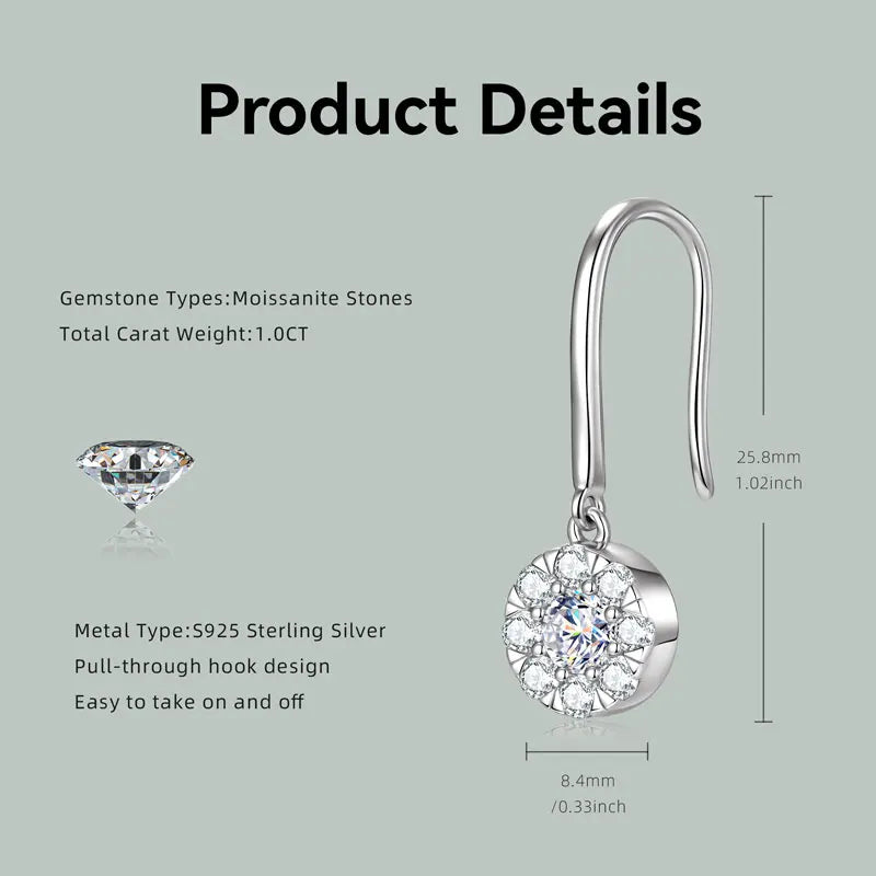 Anziw 925 Moissanite Drop Hook Earrings Sterling Silver for Women 4mm&2mm Lab-losil