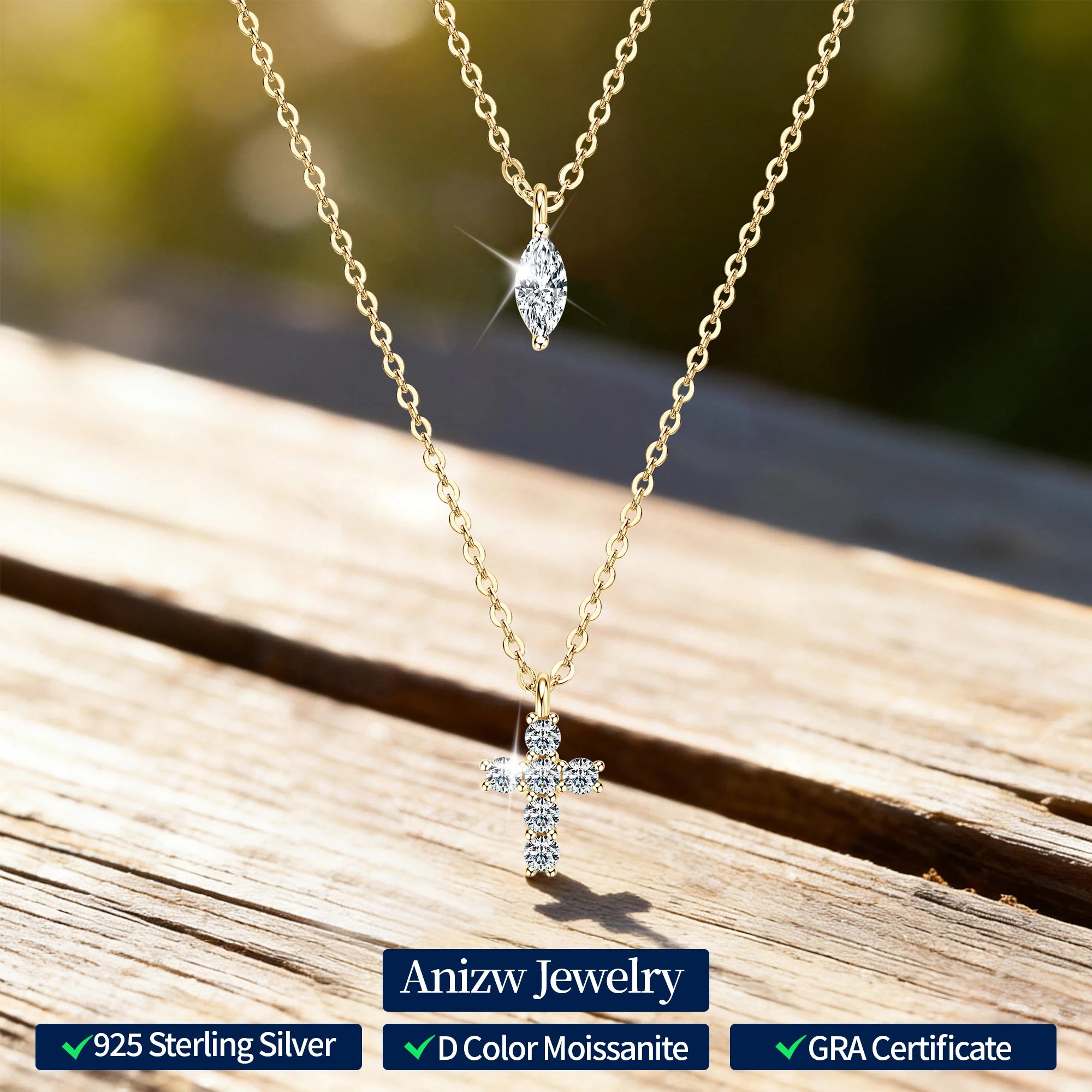 Anziw Moissanite Cross Pendant Double Layers Necklace for Women 925 Sterling Silver-losil