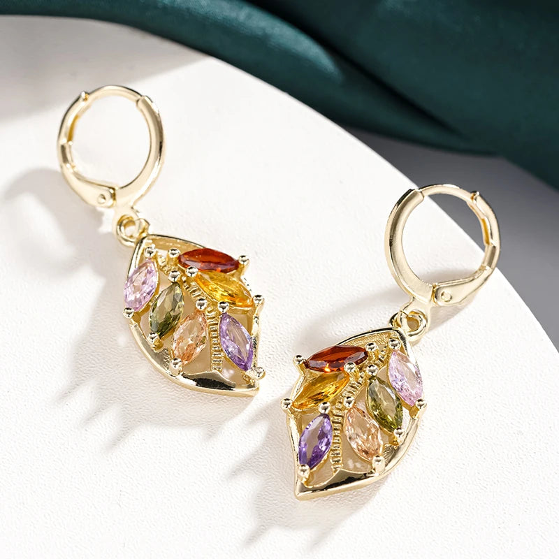 Huitan Brilliant Leaves Drop Earrings with Colorful CZ Graceful Charming Ear Accessories-losil