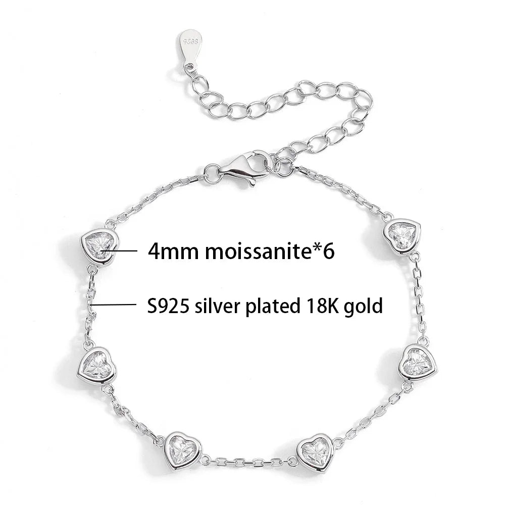 OEVAS 4MM Heart Moissanite Bracelets S925 Silver plated 18K gold Sparkling Wedding-losil