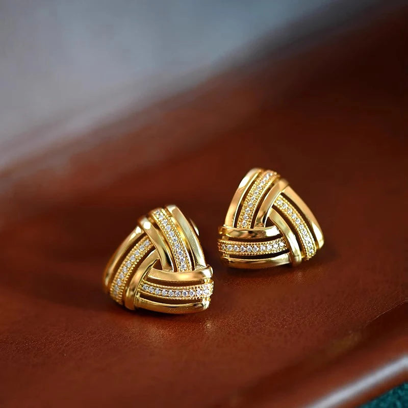 Huitan Triangular Stud Earrings with Sparkling CZ Gold Color Geometric Knot Ear-losil