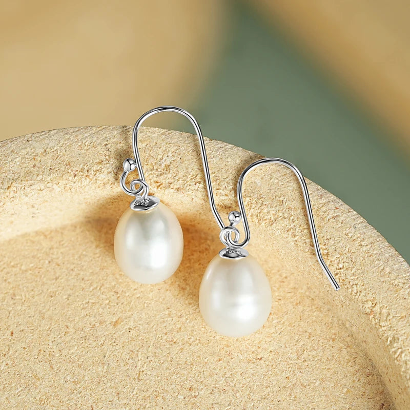 Anziw 100% 925 Sterling Silver Freshwater Pearl Drop Hook Hoop Earrings for-losil