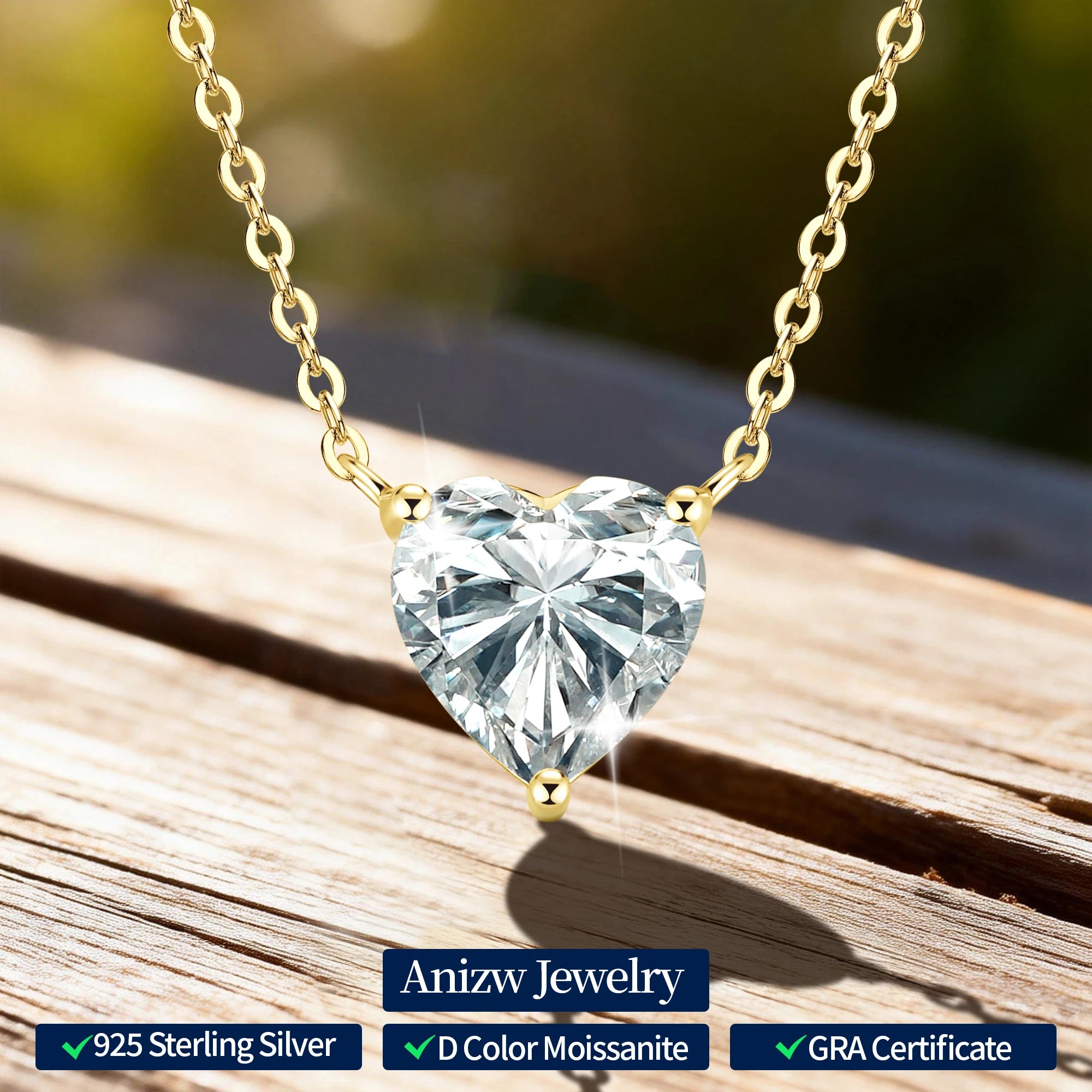Anziw 1-2Carat Heart Moissanite Pendant Necklaces for Woman S925 Silver Solitaire Diamond-losil
