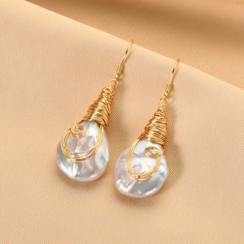 Anziw Natural Large Baroque Pearl Drop Earrings 925 Silver Handmade Wire Wrap-losil