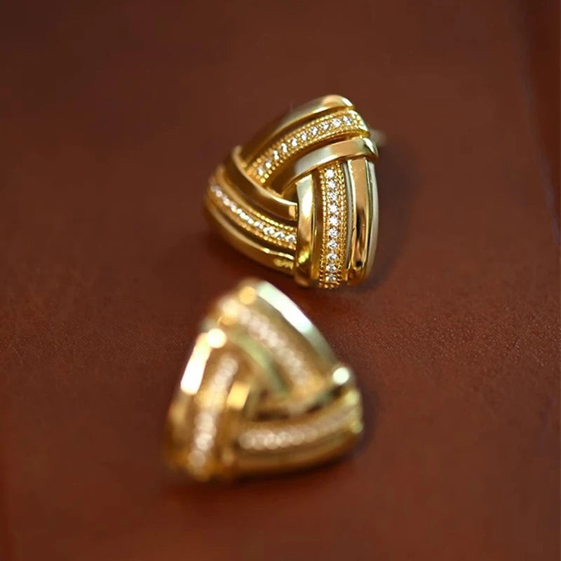 Huitan Triangular Stud Earrings with Sparkling CZ Gold Color Geometric Knot Ear-losil