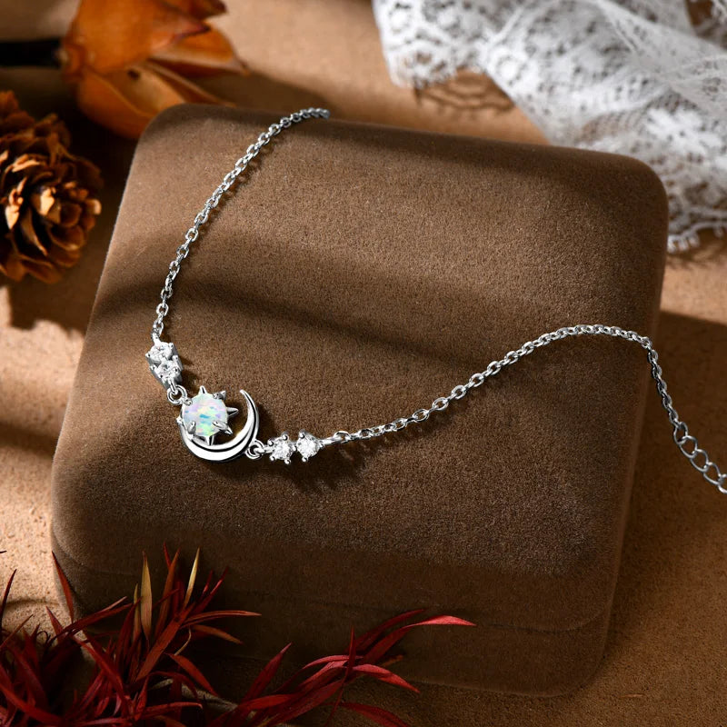 Anziw Fashion White Opal Sun and Moon Bracelet Real 925 Silver Chain-losil