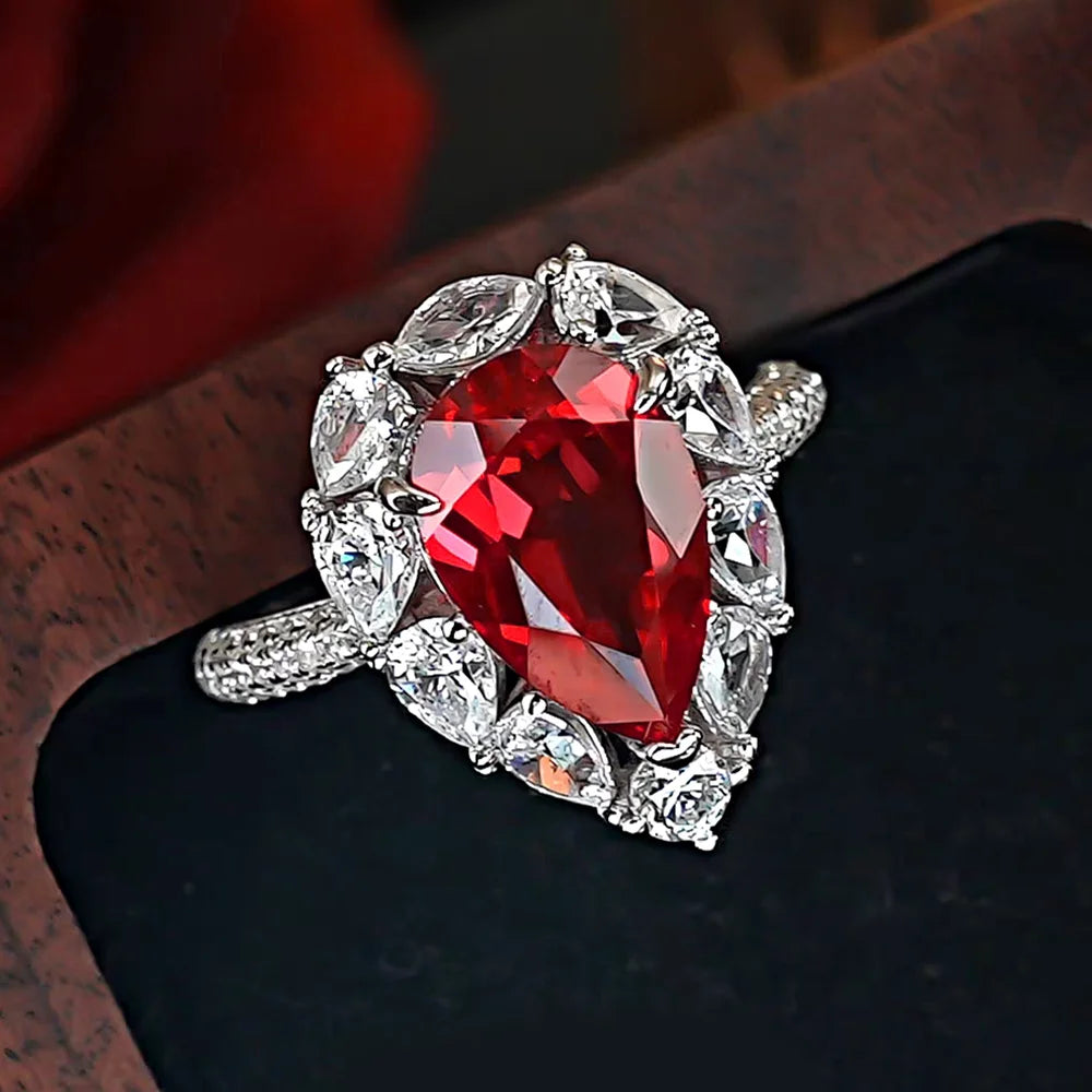 OEVAS 100% S925 Silver 4CT 8*12mm Pear Cut Full Zircon Ring For-losil
