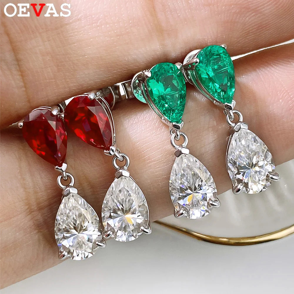 OEVAS Waterdrop Lab Grown Columbia Emerald/Ruby with Moissanite Diamond Earrings for Women-losil