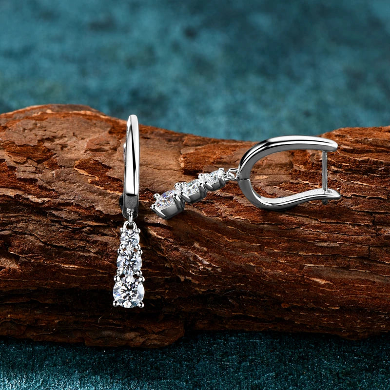 Anziw Three Stone Trilogy Clip Earrings 925 Sterling Silver 1.8CTW. Moissanite Pendant-losil