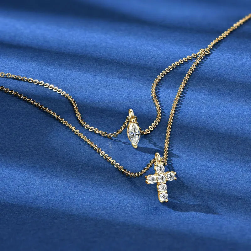 Anziw Moissanite Cross Pendant Double Layers Necklace for Women 925 Sterling Silver-losil