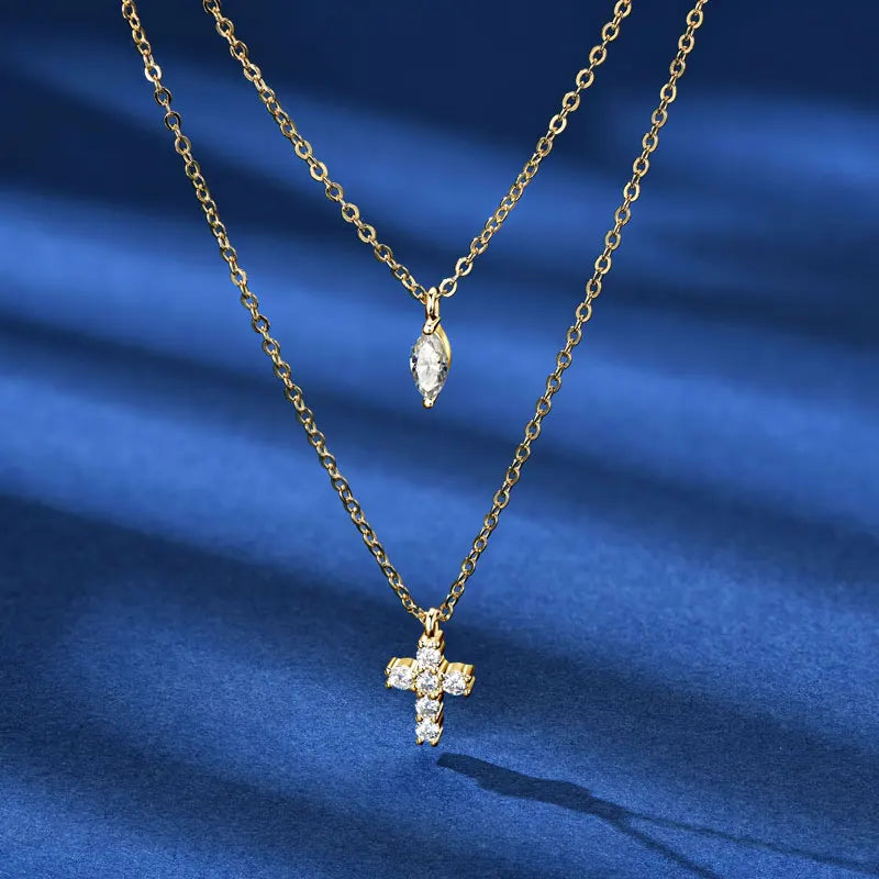 Anziw Moissanite Cross Pendant Double Layers Necklace for Women 925 Sterling Silver-losil