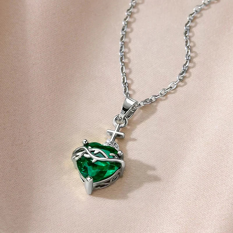 Huitan Orange Red/Green/Blue Heart Cubic Zirconia Pendant Necklace for Women Luxury Trendy-losil