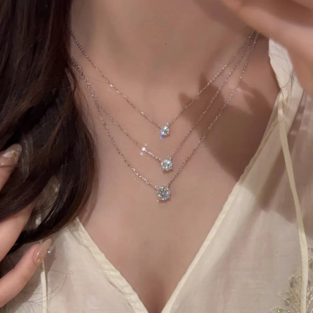 OEVAS 1ct 2CT 3ct Classic Round Moissanite Pendant Necklace For Women 100%-losil