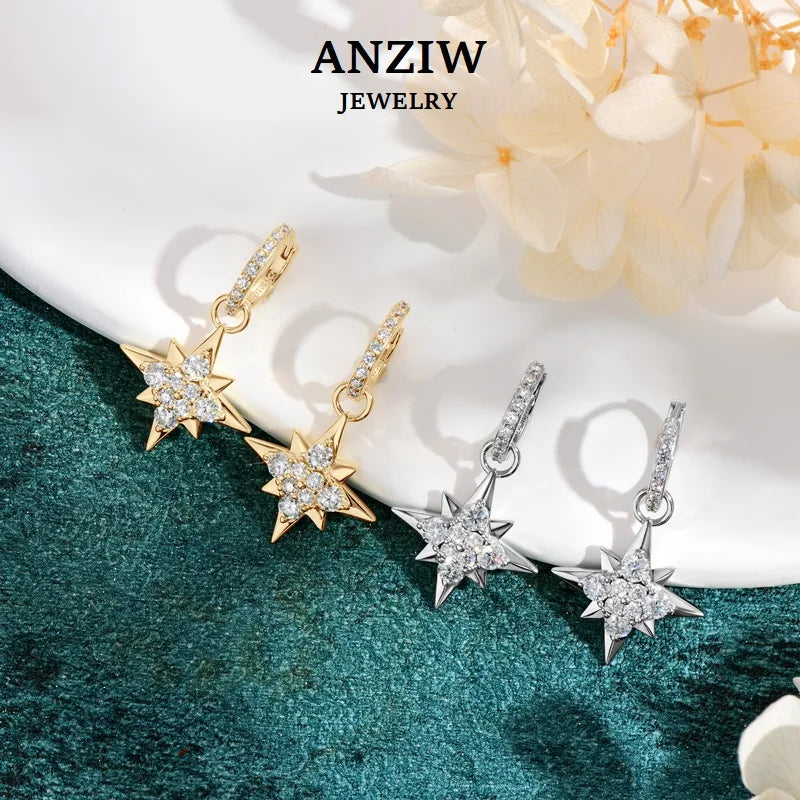 Anziw 100% 925 Silver Jewelry Charm Guide Star Drop Earrings Moissanite Piercing-losil