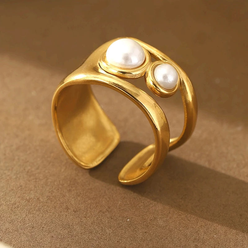 Huitan Trendy Metal Gold Color Double Layer Imitation Pearl Rings for Women-losil