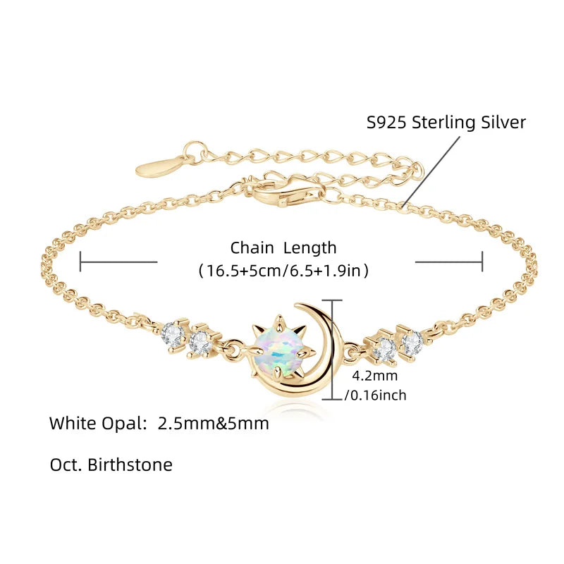 Anziw Fashion White Opal Sun and Moon Bracelet Real 925 Silver Chain-losil