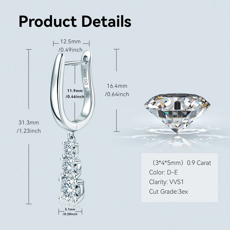 Anziw Three Stone Trilogy Clip Earrings 925 Sterling Silver 1.8CTW. Moissanite Pendant-losil