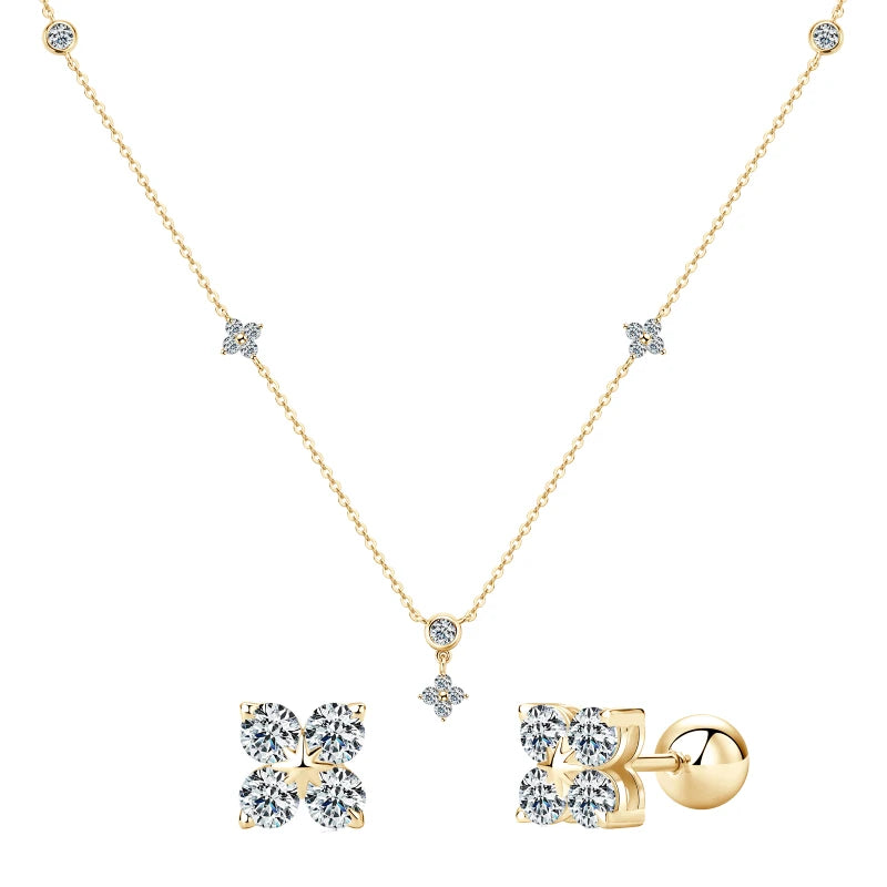 925 Silver Clover Flower Jewelry Sets for Women Moissanite Pendant Necklace Earrings-losil