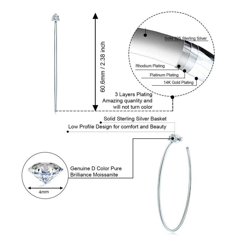Anziw Korean 4.0mm Moissanite Large Big Hoop Earrings Silver 925 for Women-losil