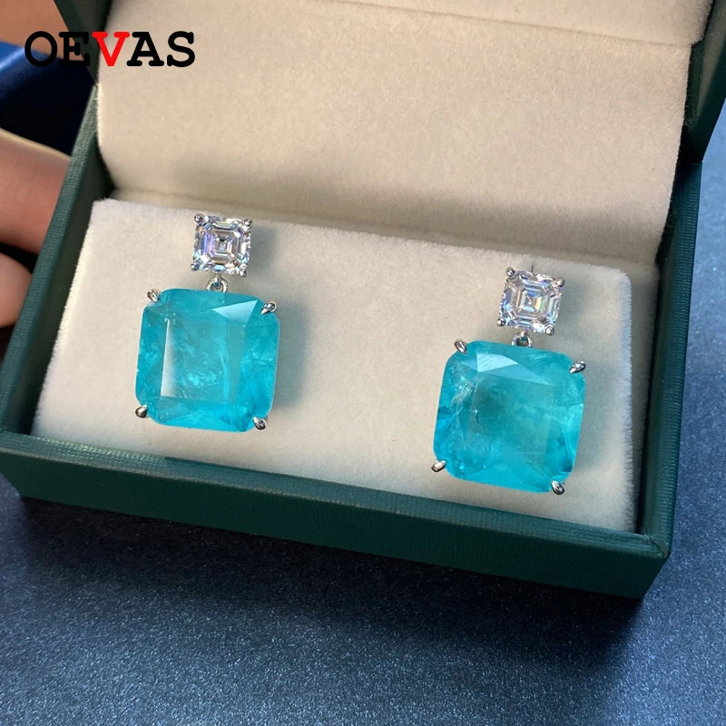 OEVAS Solid 925 Sterling Silver Fashion Paraiba Tourmaline Gemstone Drop Earrings Sparkling-losil